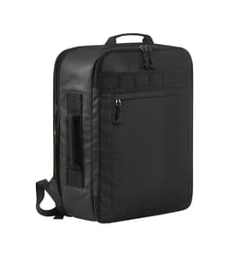 A black active travel backpack featuring multiple compartments and a sturdy handle, with a side pocket and a logo.