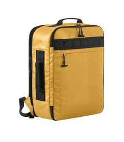A yellow active travel backpack features a large main compartment, zippered pocket, and a logo. It's designed for versatility.