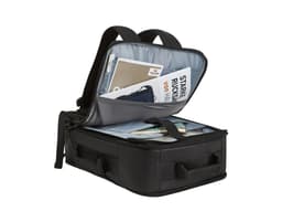 A black Active Travel Backpack with multiple compartments, showcasing documents and a padded interior. Features a branding logo.