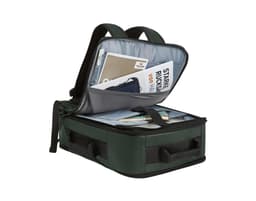 A green active travel backpack opened, revealing compartments with documents and a laptop sleeve. It has a logo.