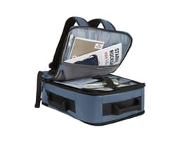 A blue backpack with multiple compartments, open to reveal notebooks, documents, and a logo branding.