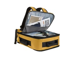 A yellow Active Travel Backpack with multiple compartments, filled with documents and a laptop sleeve, featuring a logo.