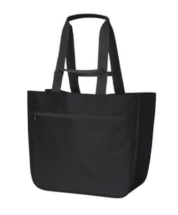 A large black tote bag with two handle straps and a front zip pocket, featuring a logo.
