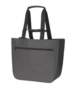 A grey Softbasket Shopper bag with long straps and a zippered front pocket, featuring branding on the side.