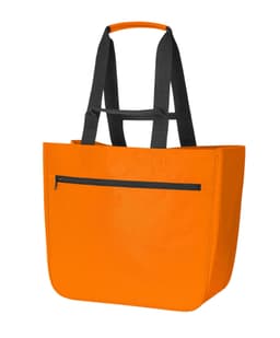 An orange tote bag with black handles and a zippered pocket on the front. It has a simple, structured design.
