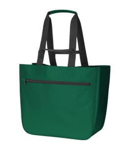 A green Softbasket Shopper bag with grey straps and a front zip pocket. It has a simple, minimalist design and logo.