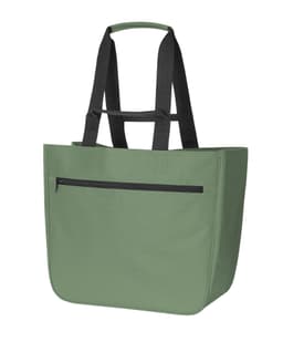 A green tote bag with black straps and a front zip pocket. It has a simple design and includes a logo.