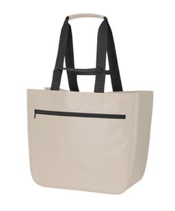 A large beige tote bag with black straps and a zippered front pocket, featuring a logo.