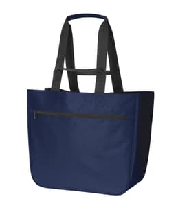 A navy blue tote bag with black handles and a zippered pocket on the front. It features a logo.