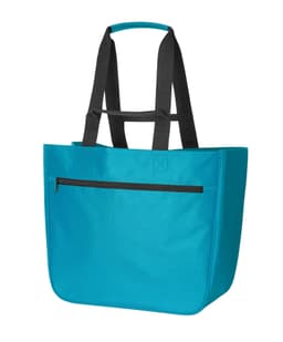 A turquoise tote bag with black handles and a zipped front pocket. It features a logo.