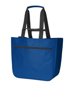 A blue tote bag with black straps and a front zipper pocket, featuring a logo.
