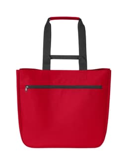 A red Softbasket Shopper bag with black handles and a zip pocket on the front. It has a simple logo.
