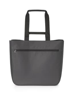A grey tote bag with two shoulder straps and a zippered pocket on the front. It features a logo.
