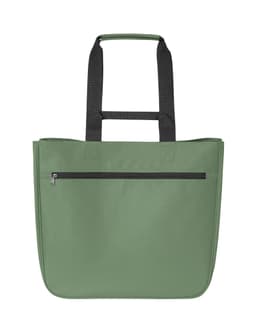 A large soft green shopper bag with black handles and a zippered front pocket. It features a logo on the surface.