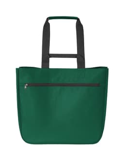 A green tote bag with black handles and a zippered front pocket. Features a branding logo.
