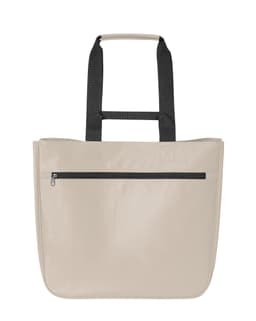 A beige tote bag with black handles and a zippered front pocket, featuring a logo.