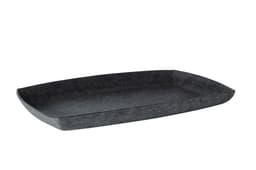 A rectangular serving tray in a textured dark grey finish, featuring curved edges and a smooth surface.