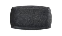 A rectangular black serving platter with a smooth surface and rounded edges, featuring a subtle texture.