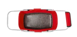 A red basket with a grey inlay, featuring sturdy metal handles for easy carrying.