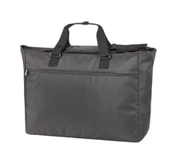 A grey duffle bag with dual handles and a zippered front pocket. It features a simple design and has a logo.