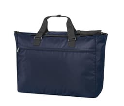 A navy duffle bag with dual handles and a front zippered pocket. It features a logo on the side.