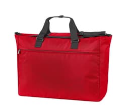 A red duffle bag with black straps and a zippered front pocket, featuring a logo.