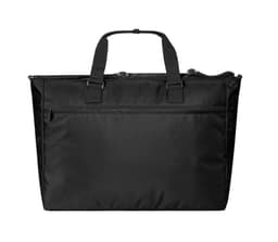A black duffle bag with two handles, featuring a zip closure and an external pocket. It has a simple logo on the surface.