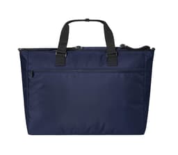 A large navy duffle bag featuring dual handles and a zippered pocket on the back. It has a branding logo.