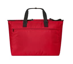 A large red duffle bag with black handles and a front zip pocket, featuring a logo.