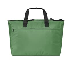 A green duffle bag with black handles and a zippered closure, featuring one external zip pocket.