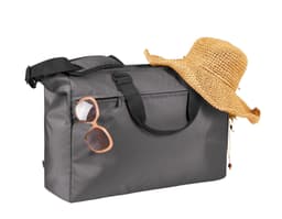 A grey duffle bag with a strap, paired with a straw hat and sunglasses. The bag features a logo.