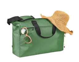 A green duffle bag with black straps, accompanied by a straw hat and sunglasses. The bag features a branding logo.