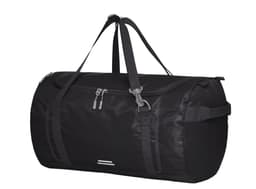 A black duffle bag with adjustable straps and a zipped pocket. Features a logo on the surface.