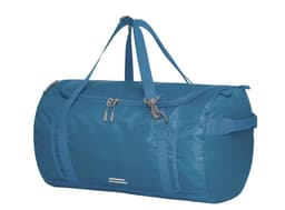A blue duffle bag with zippers and multiple carry handles, featuring a logo on the surface.