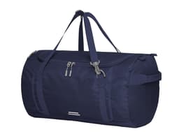 A navy outdoor sports bag with dual handles, a long shoulder strap, and a zippered main compartment.