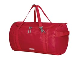 A red duffle bag with dual carrying handles, featuring zippers and side straps. It has a logo on the side.