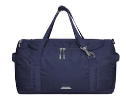 A navy outdoor sports bag with multiple compartments and carrying straps, featuring a logo on the front.