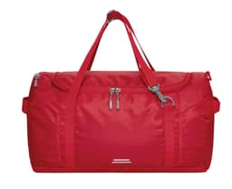 A red outdoor sports bag features multiple straps, zippered pockets, and a logo. Ideal for carrying gear.