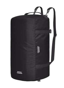 A black duffle bag with adjustable straps and a logo, designed for outdoor sports activities.