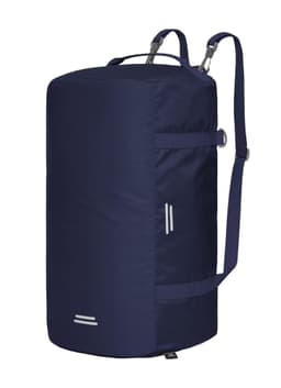 A navy outdoor sports duffle bag with a sleek design, featuring a logo and adjustable shoulder straps.