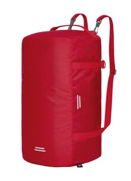 A red duffle bag with adjustable straps and a logo, featuring a cylindrical shape and reflective details.