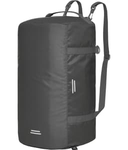 A dark grey duffle bag with adjustable straps and a logo, designed for outdoor activities.