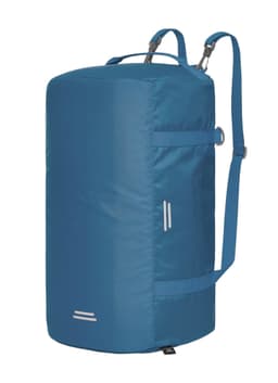 A blue outdoor sports bag with a cylindrical shape, adjustable shoulder strap, and a logo. Ideal for duffle use.