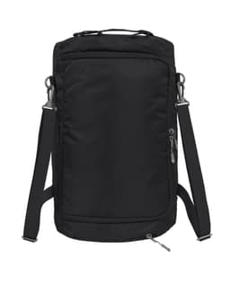 A black outdoor sports bag with multiple compartments and adjustable straps, featuring a logo.