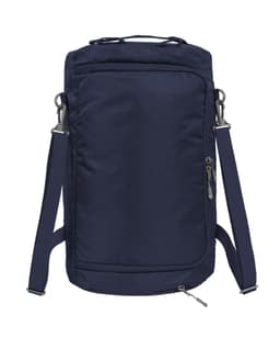 A navy outdoor sports bag with adjustable straps and a zipped compartment, featuring a logo.