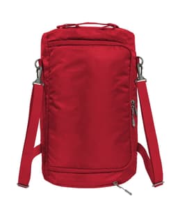 A red outdoor sports bag with adjustable straps and a zipper pocket, featuring a sleek, rectangular design.
