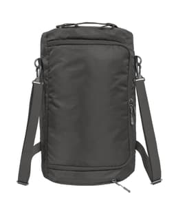 A grey duffle bag with adjustable straps and a zippered pocket, featuring a logo on the front.