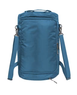 A blue outdoor sports bag with adjustable straps, featuring a zip pocket and a logo.