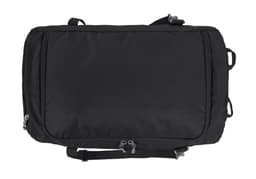 A black outdoor sports duffle bag with multiple zippers and straps, featuring a logo.