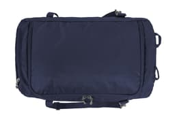 A navy outdoor sports bag with zippers and adjustable straps, featuring a logo on the side.